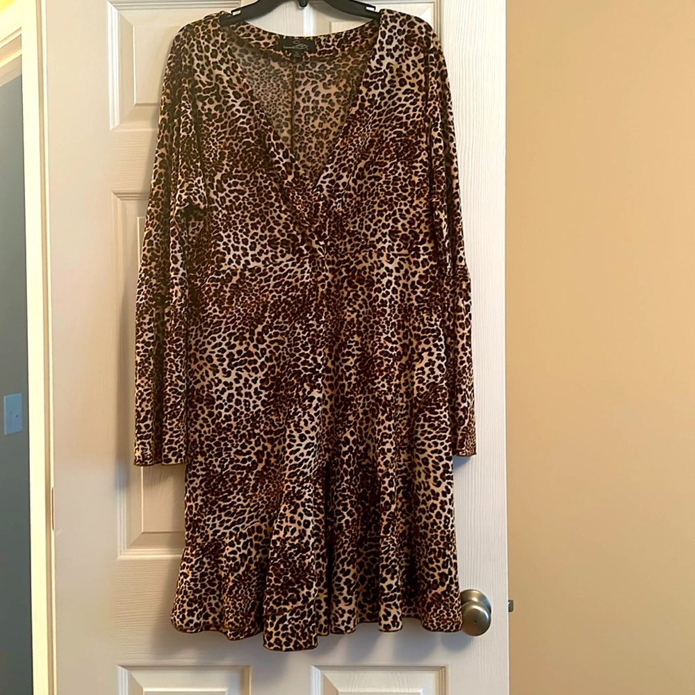 Leopard print dress with trumpet sleeves.